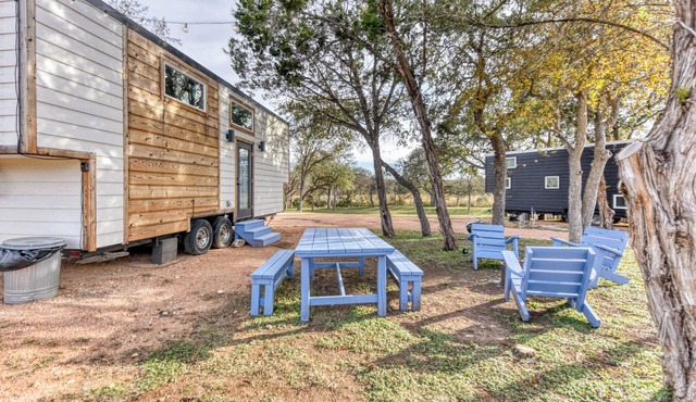 Santorini-Style Tiny Home | Cobalt Blues, Fire Pit & Hill Country Stars